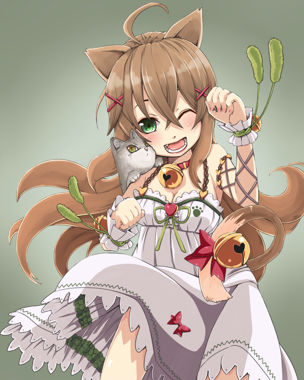 animal_ears, bell, breasts, brown_hair, cat, cat_ears, cat_tail, cleavage, enokorogusa_(flower_knight_girl), flower_knight_girl, highres, hyoiki, long_hair, paw_pose, tail, tail_bell