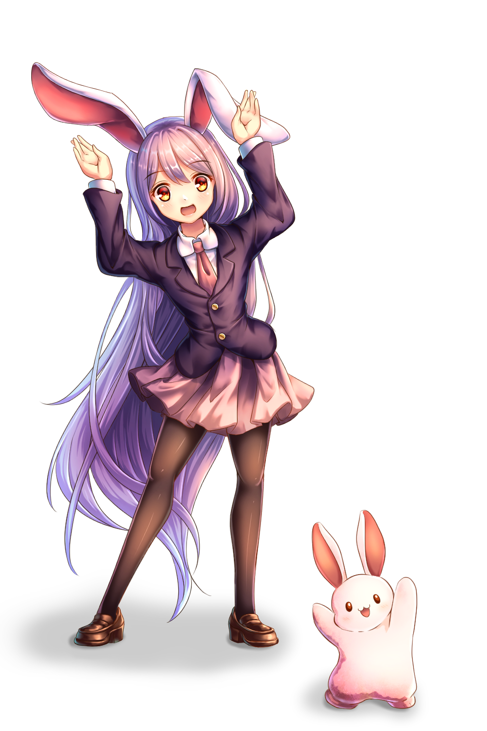 1girl, :3, :d, animal_ears, arms_up, black_jacket, black_legwear, blazer
