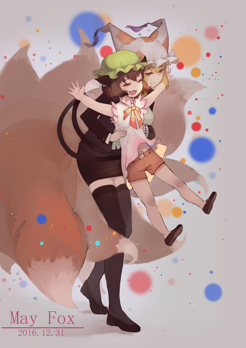 2016, 2girls, animal_ears, artist_name, black_jacket, black_legwear, black_shoes, black_skirt