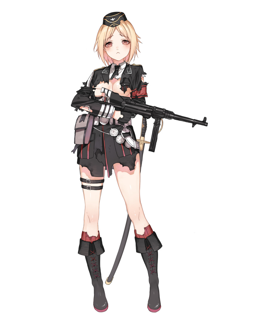 1girl, :<, armband, bare_legs, belt, black_boots, black_gloves, black_necktie, blonde_hair, blush, boots, breasts, brown_eyes, cartridge, cleavage, cleavage_cutout, closed_mouth, collared_shirt, covering, covering_breasts, cross-laced_footwear, eyebrows, eyebrows_visible_through_hair, finger_on_trigger, full_body, german, girls_frontline, gloves, gun, half_gloves, head_tilt, highres, holding, holding_gun, holding_weapon, holster, knee_boots, lace-up_boots, large_breasts, looking_at_viewer, medal, military, military_uniform, mp38_(girls_frontline), mp40, necktie, nose, official_art, personification, pouch, sheath, shirt, short_hair, solo, standing, submachine_gun, sword, thigh_strap, torn_clothes, transparent_background, uniform, weapon, white_shirt