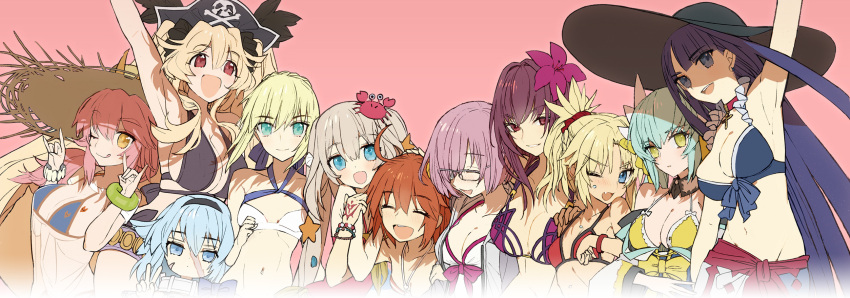 6+girls, \m/, ahoge, animal_ears, anne_bonny_(fate/grand_order), anne_bonny_(swimsuit_archer)_(fate), aqua_hair, arm_up