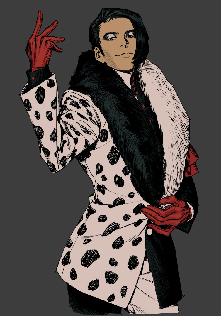 1boy, arm_up, black_hair, cowboy_shot, disney, disneyland, eyeshadow, fur_coat, gloves, grey_background, komo_(sleepy), looking_at_viewer, makeup, male_focus, mr._dalmatia, recruiters_(disney), red_gloves, simple_background, smile, solo
