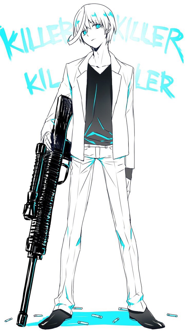 1boy, arms_at_sides, black_shirt, blue_eyes, copyright_name, dangan_ronpa, dangan_ronpa_gaiden:_killer_killer, fujigawa_shuuji