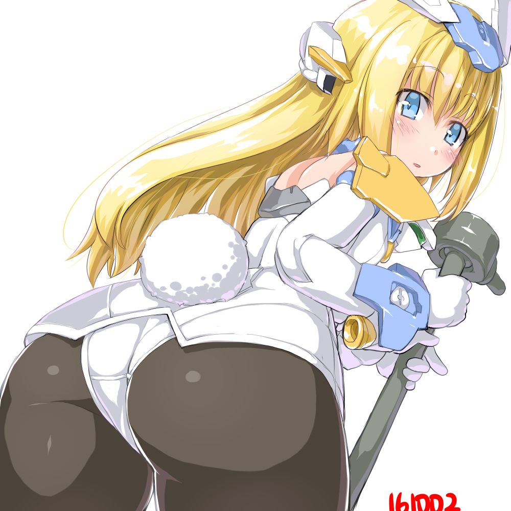 1girl, ass, bangs, baselard, black_legwear, blonde_hair, blush, bunny_tail