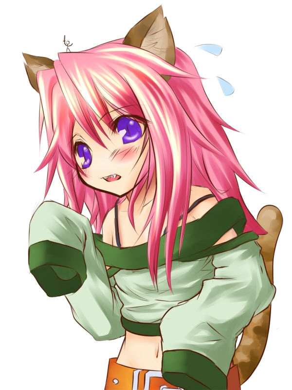 belt, blush, cat_(trickster), cat_ears, cat_tail, detached_sleeves, fang, long_hair