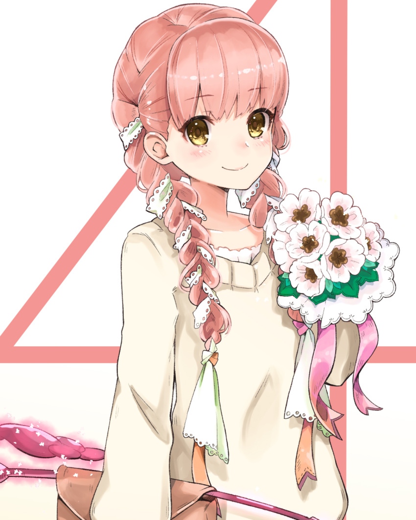 1girl, alternate_hairstyle, arm_at_side, bangs, black_legwear, blunt_bangs, blush, bouquet, braid, carrying, casual, closed_mouth, dress, eyebrows, eyebrows_visible_through_hair, fate/grand_order, fate_(series), flat_chest, flower, hair_over_shoulder, hair_ribbon, highres, hilo_(joy_hero), holding, holding_bouquet, lace_trim, legs_crossed, light_particles, long_hair, long_sleeves, looking_at_viewer, medb_(fate/grand_order), microdress, pink_hair, pink_shoes, ribbon, ribbon_braid, riding_crop, shoes, smile, solo, sweater, sweater_dress, twin_braids, twintails, upper_body, white_background, white_flower, yellow_eyes