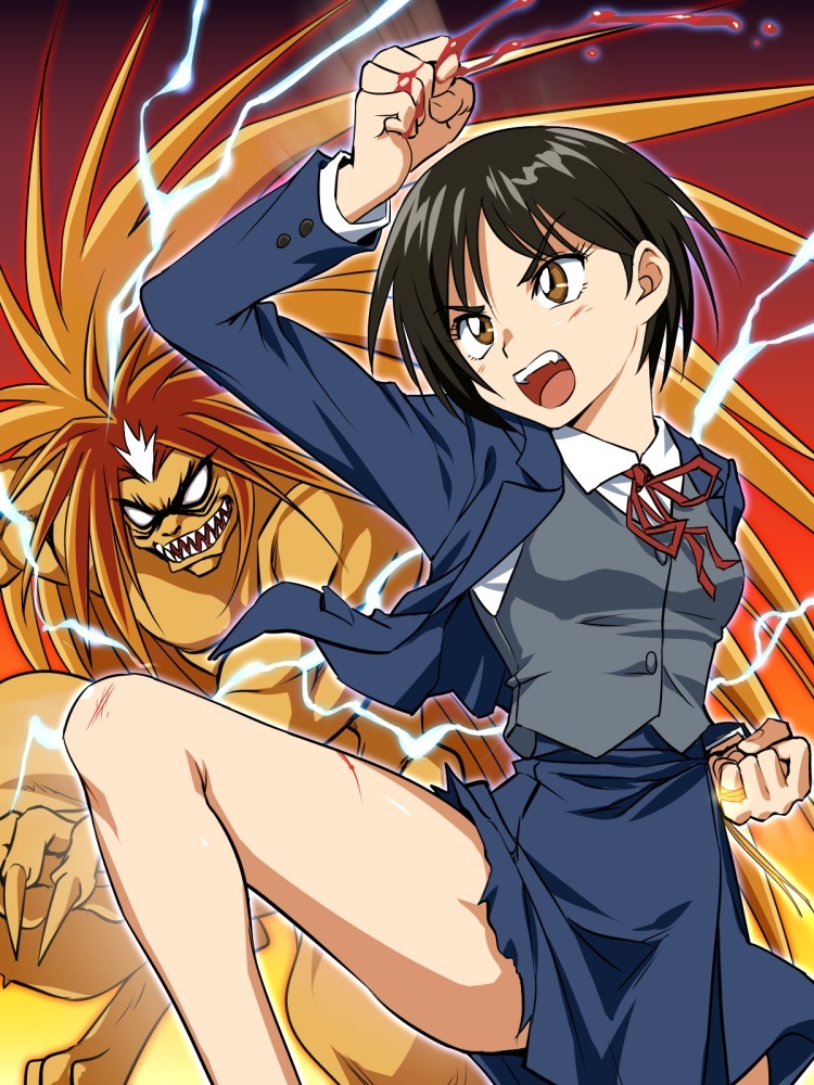 1girl, black_hair, blood, bloody_hands, blue_jacket, blue_skirt, brown_eyes, clenched_hand, commentary_request, demon, dress_shirt, fighting_stance, hawawani, jacket, kicking, looking_to_the_side, nakamura_asako, open_clothes, open_jacket, open_mouth, ribbon, school_uniform, shirt, short_hair, skirt, standing, tora_(ushio_to_tora), torn_clothes, torn_skirt, ushio_to_tora, vest, white_shirt