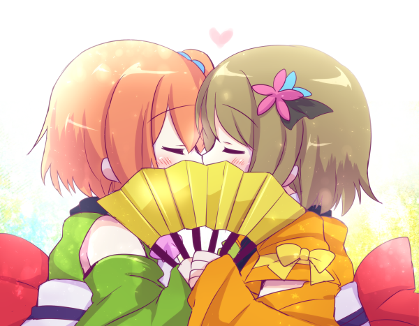 2girls, angelic_angel, blush, closed_eyes, covered_mouth, fan, flower, from_side