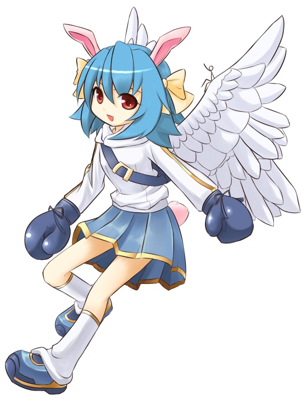 animal_ears, backpack, bag, blue_hair, boxing_gloves, bunny_(trickster), bunny_ears, bunny_tail