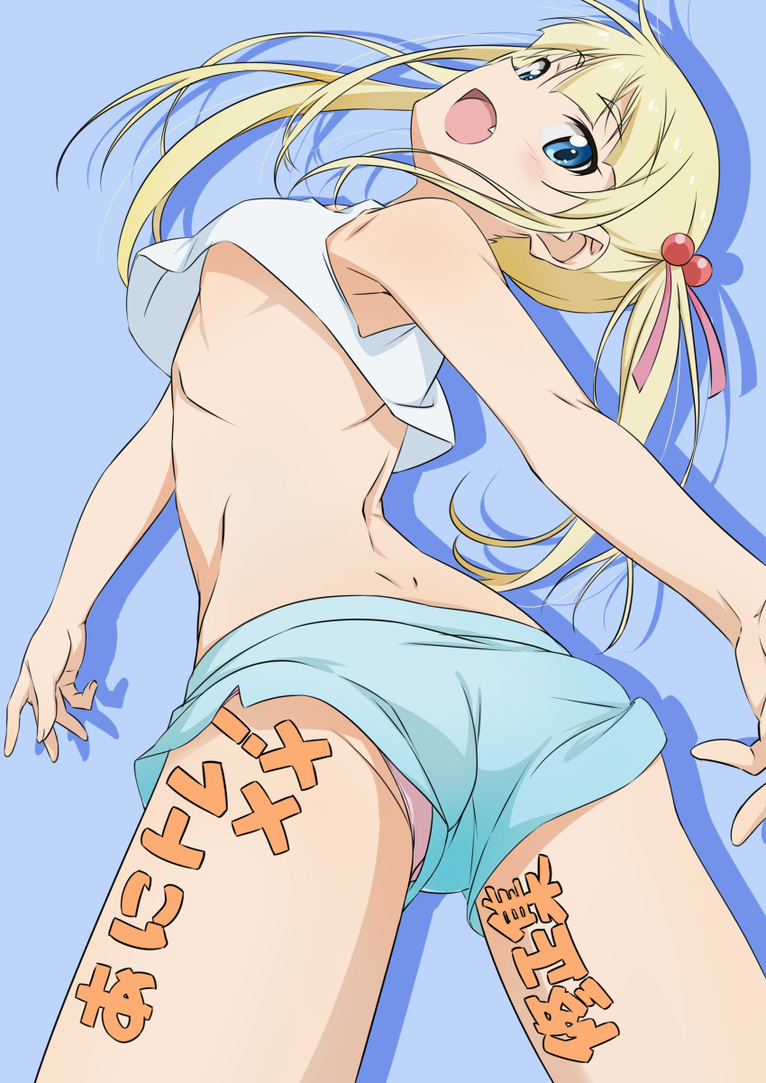 1girl, absurdres, anitore!_ex, blonde_hair, blue_eyes, fang, hair_ornament, highres