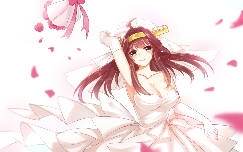1girl, absurdres, ahoge, bare_shoulders, blush, bouquet, bouquet_toss, breasts