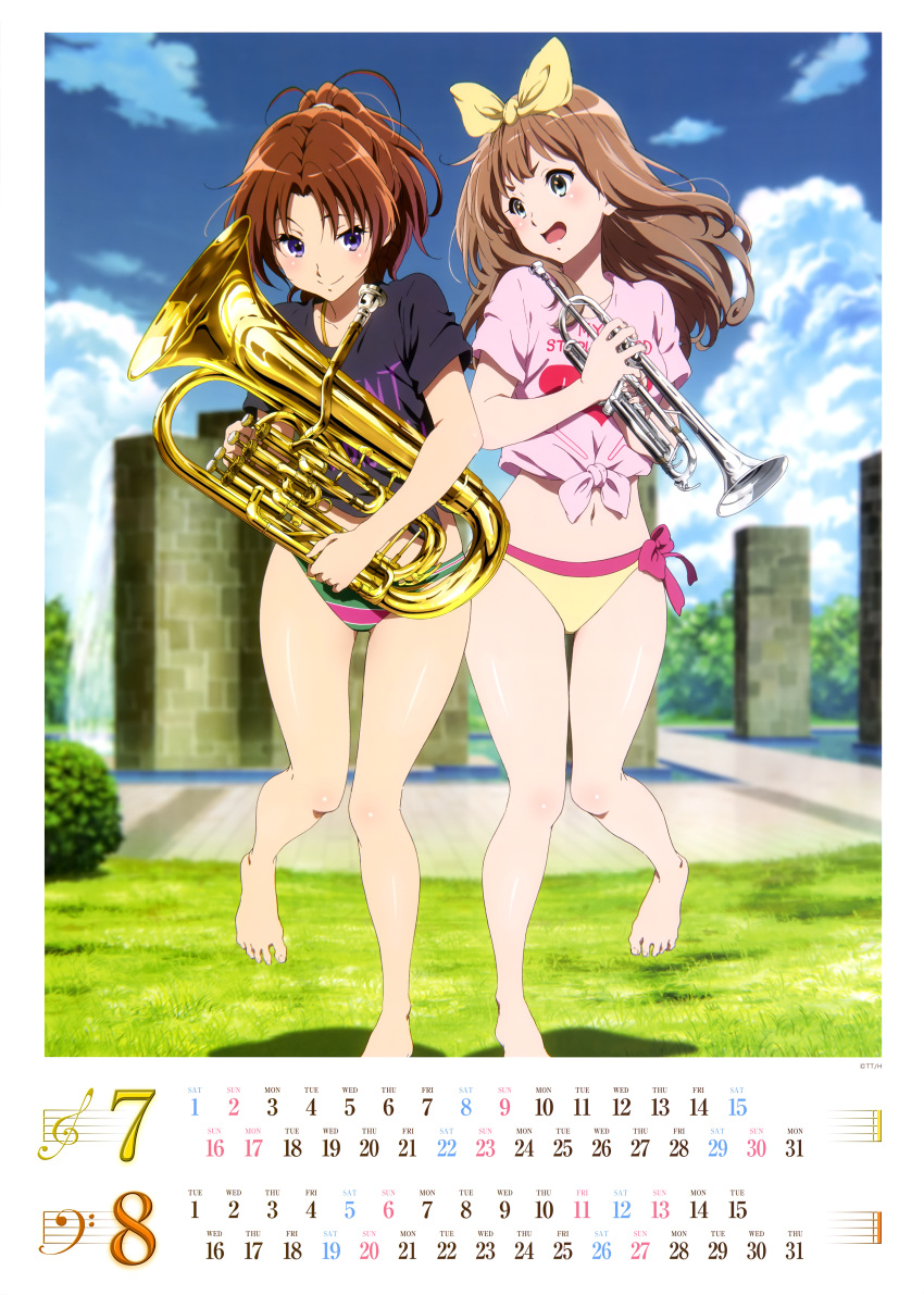 2girls, absurdres, barefoot, bikini, bikini_bottom, blue_eyes, bow, brown_hair, calender, collarbone, feet, floating_hair, green_eyes, hair_bow, hibike!_euphonium, high_ponytail, highres, holding_instrument, long_hair, midriff, multiple_girls, nakagawa_natsuki, navel, official_art, one_leg_raised, open_mouth, outdoors, pink_shirt, shiny, shiny_skin, shirt, short_sleeves, smile, standing, striped, striped_bikini, swimsuit, tied_shirt, toes, yellow_bow, yoshikawa_yuuko