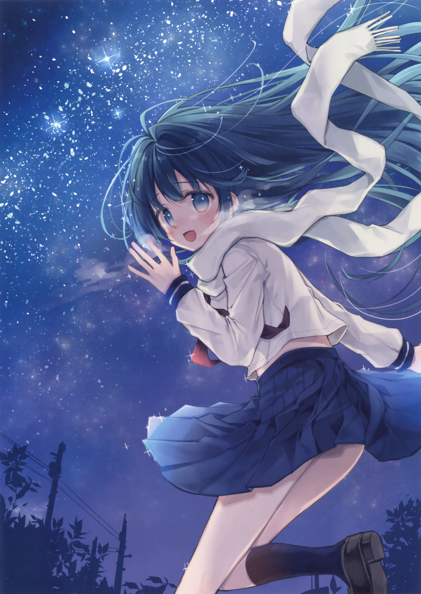 1girl, absurdres, black_legwear, blue_eyes, blue_skirt, floating_hair, green_hair, highres, kneehighs, long_hair, looking_at_viewer, night, one_leg_raised, open_mouth, original, oshio, pleated_skirt, scarf, school_uniform, serafuku, shirt, skirt, sky, solo, star_(sky), starry_sky, steam, very_long_hair, white_scarf, white_shirt