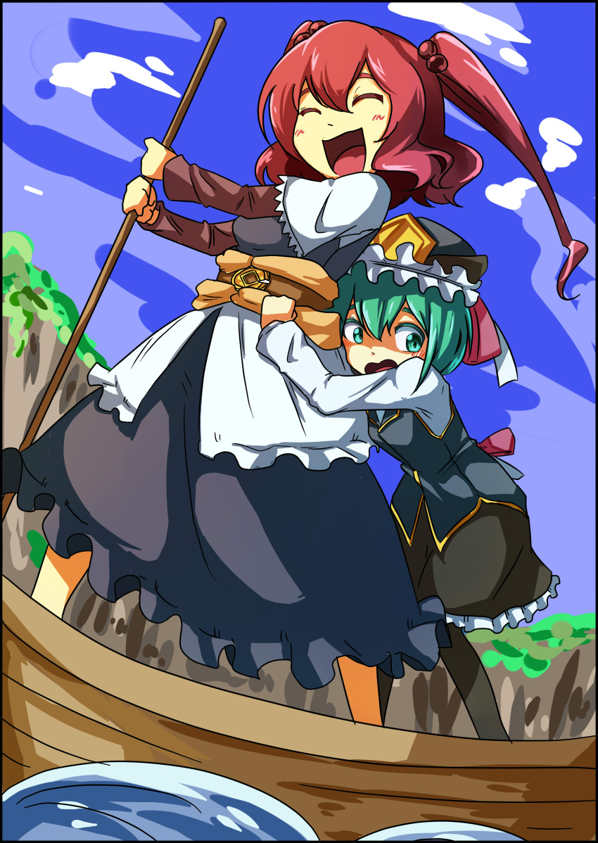 2girls, :d, absurdres, belt, bending_forward, black_border, black_legwear, blue_sky, blue_vest, boat, border, capelet, closed_eyes, clouds, coin, day, dress, frilled_skirt, frills, green_eyes, green_hair, hair_bobbles, hair_ornament, hat, highres, hug, hug_from_behind, ikiume, layered_dress, looking_down, multiple_girls, onozuka_komachi, open_mouth, outdoors, pantyhose, redhead, scared, shiki_eiki, short_hair, skirt, sky, smile, standing, touhou, twintails, vest, water, watercraft