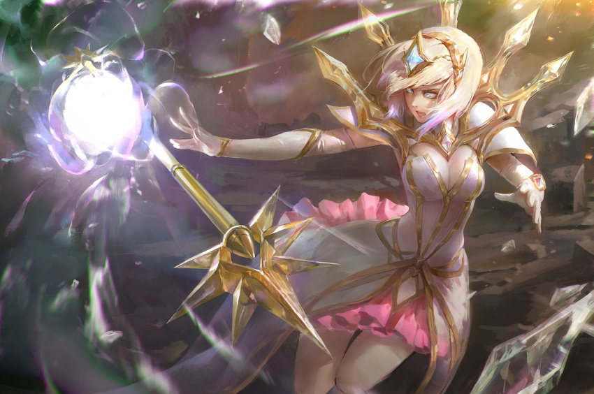 1girl, blue_eyes, breasts, cleavage, dress, elbow_gloves, elementalist_lux, gloves