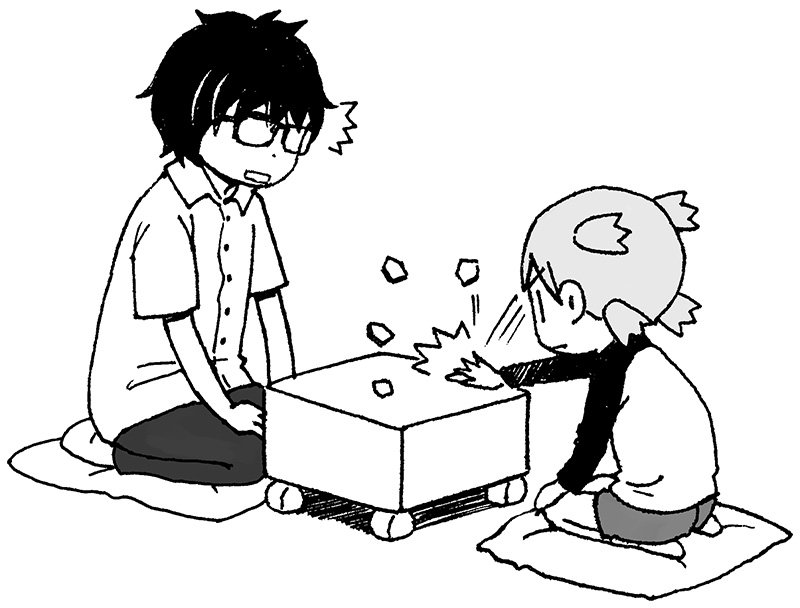 /\/\/\, 1boy, 1girl, age_difference, azuma_kiyohiko, board_game, chibi, crossover