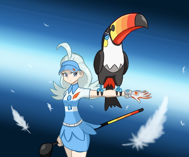 >:(, 1girl, ahoge, aqua_hair, beak, bird, bird_on_arm, bird_wings, blue_hat, blue_skirt, bracelet, breasts, buttons, closed_mouth, collared_shirt, elite_four, feathers, frown, gloves, golf_club, hat, holding, jewelry, kahili_(pokemon), kurogane_hagane, lavender_eyes, long_hair, looking_away, looking_to_the_side, medium_breasts, miniskirt, outstretched_arm, pencil_skirt, pokemon, pokemon_(creature), pokemon_(game), pokemon_sm, shirt, short_sleeves, single_glove, skirt, standing, striped, striped_shirt, toucan, toucannon, white_gloves, wings, z-ring
