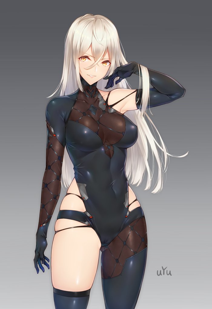 1girl, arm_up, artist_name, asymmetrical_clothes, bangs, bodysuit, breasts, commentary