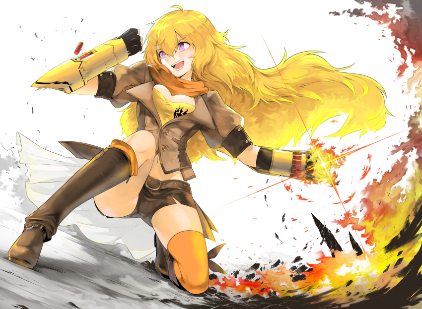 1girl, :d, arm_guards, battle, belt, blonde_hair, boots, breasts, bullet, buttons, cleavage, coat, ember_celica_(rwby), fangs, fingerless_gloves, fire, gauntlets, gloves, highres, large_breasts, legs_apart, long_hair, midriff, navel, open_clothes, open_coat, open_mouth, rwby, scarf, shirt, short_shorts, short_sleeves, shorts, smile, smoke, solo, sparkle, stomach, teeth, thigh-highs, thighs, tokiti, vambraces, very_long_hair, violet_eyes, white_background, yang_xiao_long, yellow_shirt