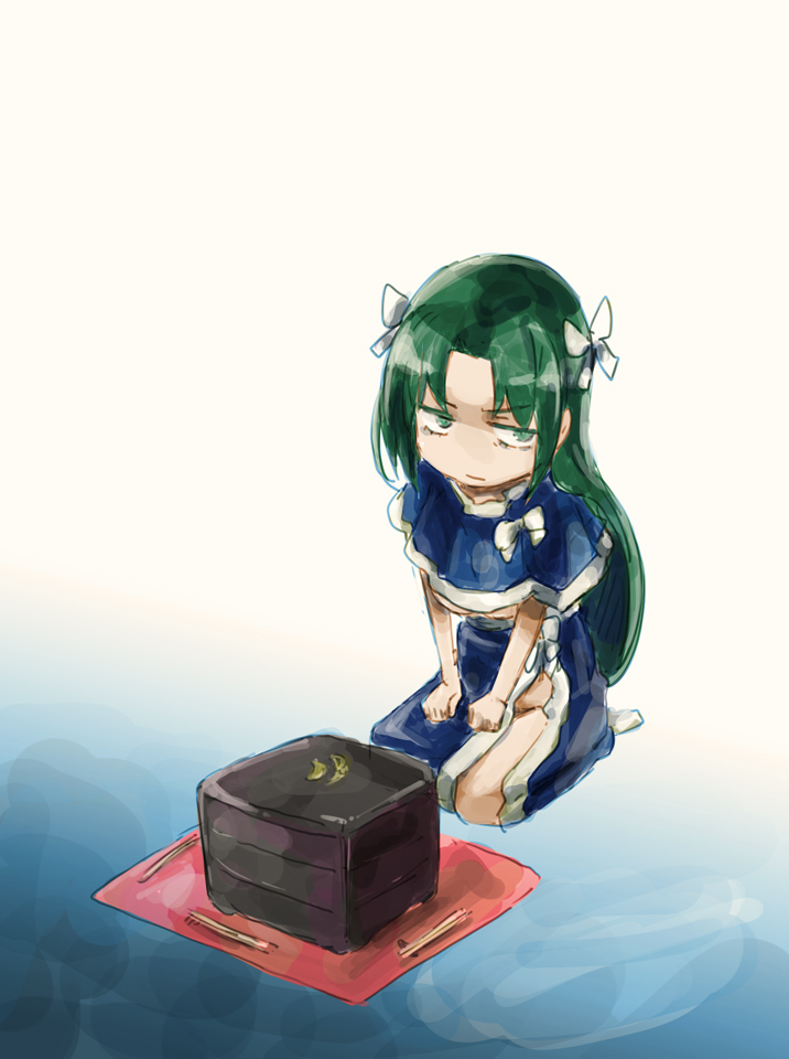 1girl, breasts, capelet, chibi, green_eyes, green_hair, hair_rings, jitome