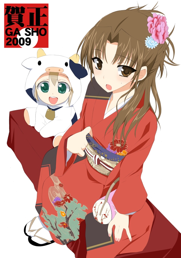 2girls, animal_costume, asahi_(baby_princess), baby_princess, bag, bell, bell_collar, brown_eyes