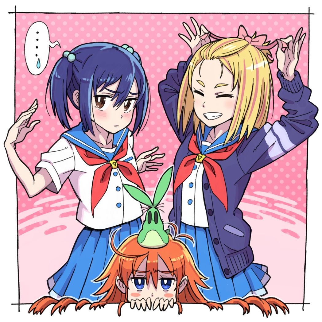 3girls, ahoge, alternate_hairstyle, bangs_pinned_back, blonde_hair, blue_eyes, blue_hair, brown_eyes