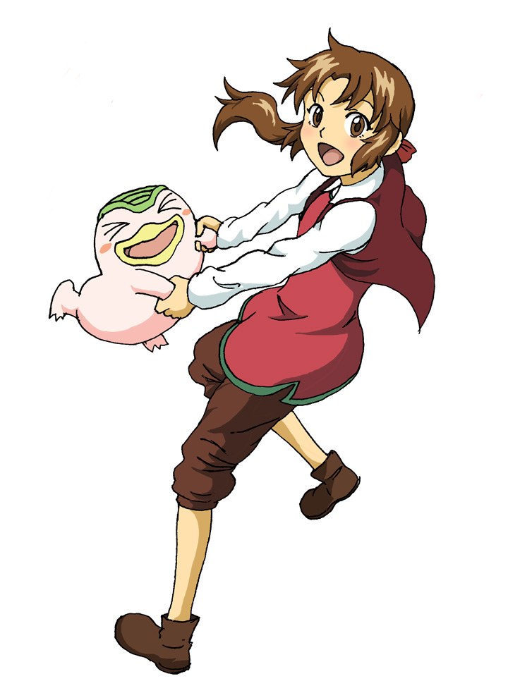 >_<, boots, brown_eyes, brown_hair, hair_ribbon, hair_ribbons, hirasawa_meio, holly