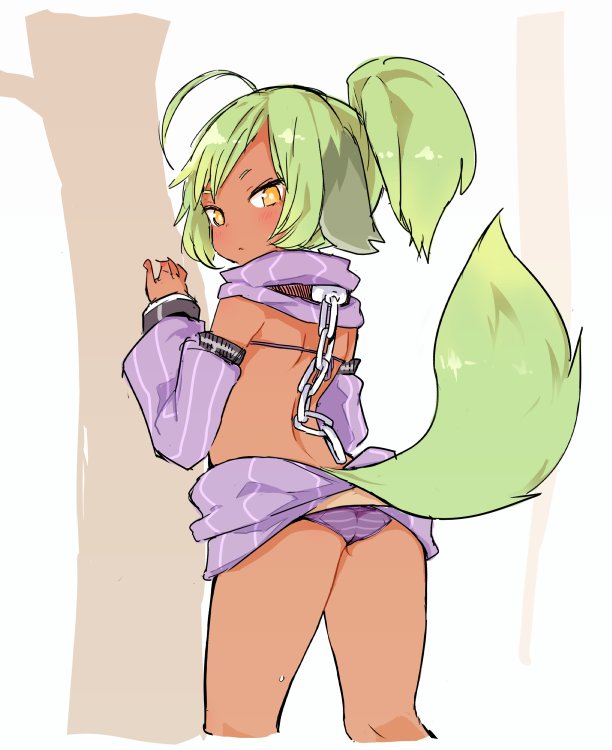 1girl, against_tree, ahoge, alternate_hairstyle, animal_ears, ass, bikini, bikini_bottom, bikini_top, chains, collar, dark_skin, detached_sleeves, dog_ears, from_behind, green_hair, long_hair, looking_back, nezumi_inu, original, panties, ponytail, scarf, skirt, skirt_lift, solo, swimsuit, tail, titi-chan_(nezumi_inu), tree, underwear, virgin_killer_sweater, yellow_eyes