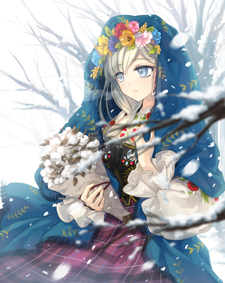 1girl, bangs, bare_tree, blue_eyes, blue_flower, blurry, blush, bouquet
