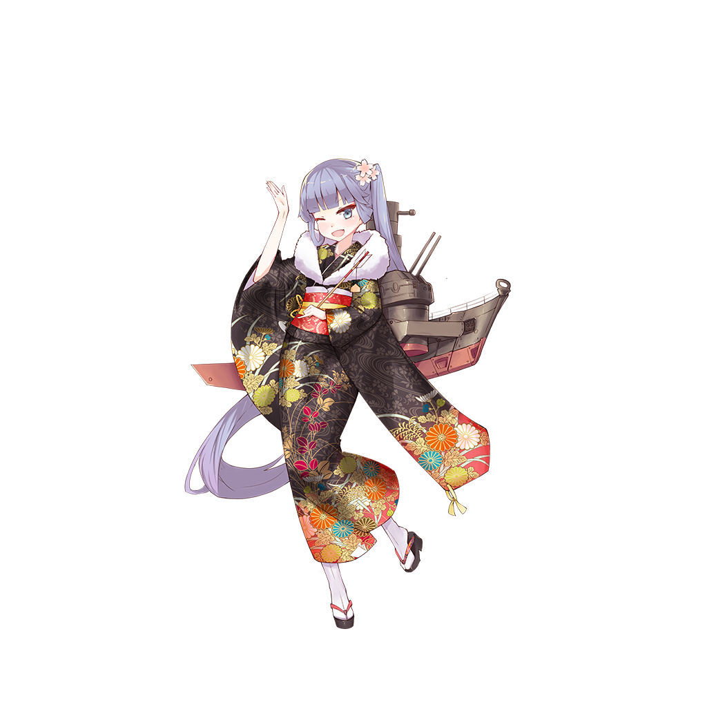 1girl, akizuki_(zhan_jian_shao_nyu), alternate_costume, arrow, bangs, black_kimono, blue_eyes, blue_hair, blunt_bangs, blush, cannon, chenilelo, fang, floral_print, flower, full_body, hair_flower, hair_ornament, holding_arrow, japanese_clothes, kimono, long_hair, long_sleeves, looking_at_viewer, machinery, matching_hair/eyes, obi, official_art, one_eye_closed, open_mouth, sandals, sash, side_ponytail, smokestack, solo, standing, standing_on_one_leg, tabi, transparent_background, turret, very_long_hair, waving, white_legwear, wide_sleeves, zhan_jian_shao_nyu