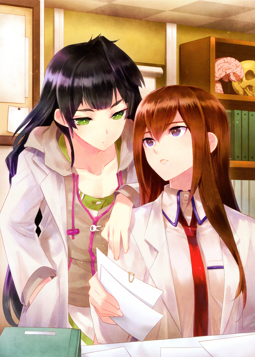 2girls, absurdres, bangs, black_hair, blue_eyes, bookshelf, brain, brown_hair, collarbone, corkboard, expressionless, eyebrows_visible_through_hair, flat_chest, folder, green_eyes, hand_on_another's_shoulder, highres, hiyajou_maho, indoors, kasukabe_akira, labcoat, lips, long_hair, looking_at_another, looking_down, makise_kurisu, multiple_girls, necktie, open_mouth, paper, room, scan, scan_artifacts, skull, steins;gate, steins;gate_zero
