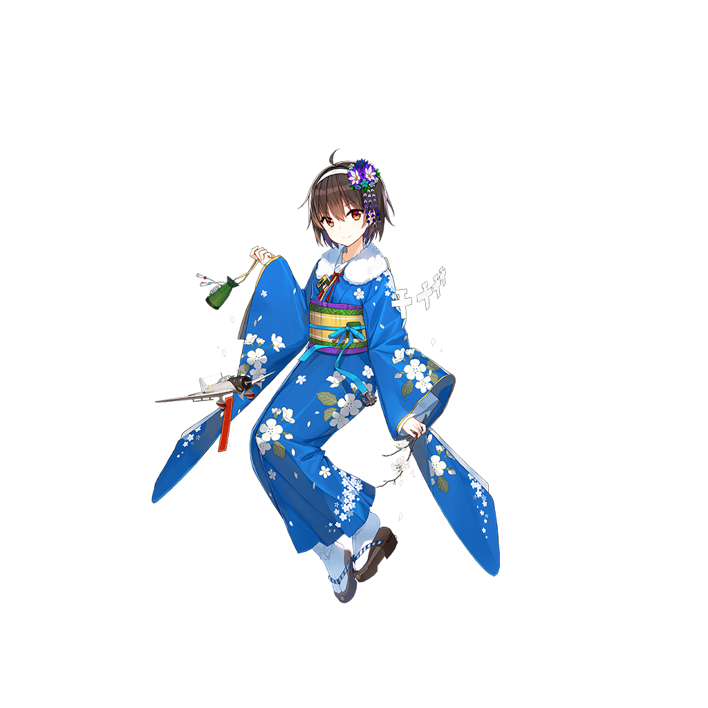 1girl, ahoge, aircraft, alternate_costume, anchor, blue_kimono, blue_ribbon, branch