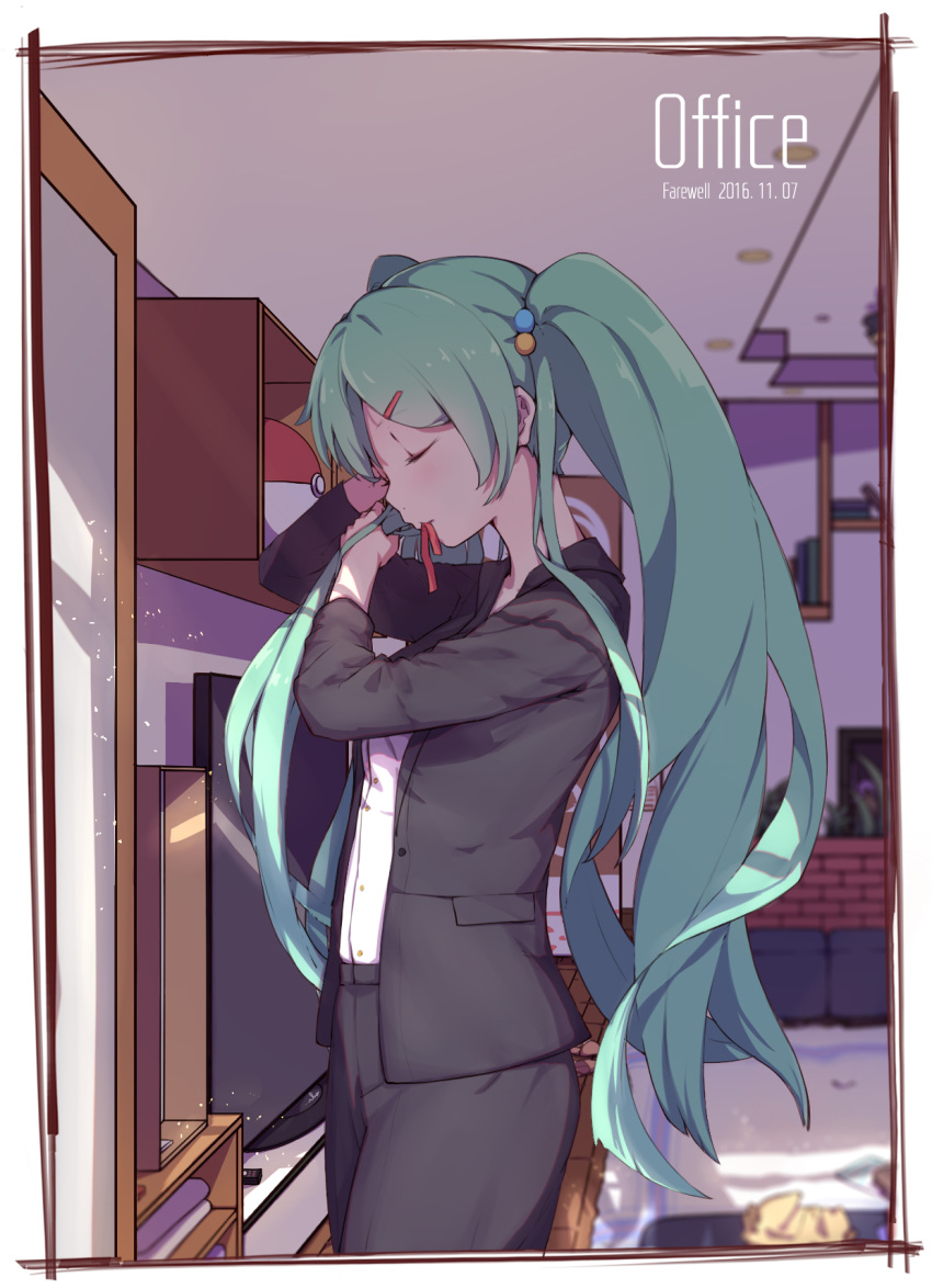 1girl, 2016, aqua_hair, bangs, black_jacket, black_pants, blurry, blush, book, bookshelf, border, business_suit, buttons, ceiling, ceiling_light, controller, cowboy_shot, dated, depth_of_field, dress_shirt, english, eyelashes, formal, from_side, hair_bobbles, hair_ornament, hairclip, hatsune_miku, highres, holding, holding_hair, indoors, jacket, long_hair, long_sleeves, mouth_hold, office_lady, open_clothes, open_jacket, pants, pencil_skirt, plant, planter, pocket, profile, red_ribbon, remote_control, ribbon, ribbon_in_mouth, rug, running_bond, shirt, skirt, solo, sphere, standing, suit, television, twintails, tying_hair, very_long_hair, vocaloid, white_shirt, wooden_floor, zhayin-san