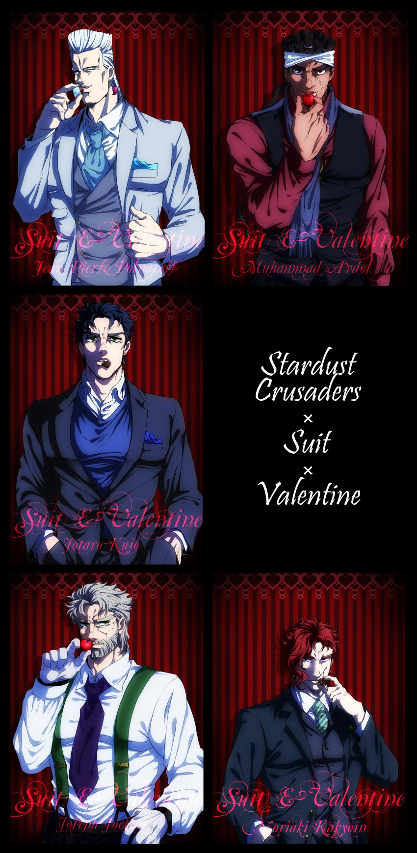 absurdres, beard, black_hair, blue_eyes, brown_eyes, character_name, chocolate, earrings, facial_hair, facial_mark, flower, formal, green_eyes, grey_hair, hands_in_pockets, headband, highres, imaru_(yashiro19950425), jean_pierre_polnareff, jewelry, jojo_no_kimyou_na_bouken, joseph_joestar, kakyouin_noriaki, kuujou_joutarou, mohammed_avdol, mouth_hold, necktie, no_eyebrows, ponytail, purple_scarf, redhead, rose, scarf, silver_hair, striped, striped_background, stud_earrings, suit, suspenders, vest, violet_eyes