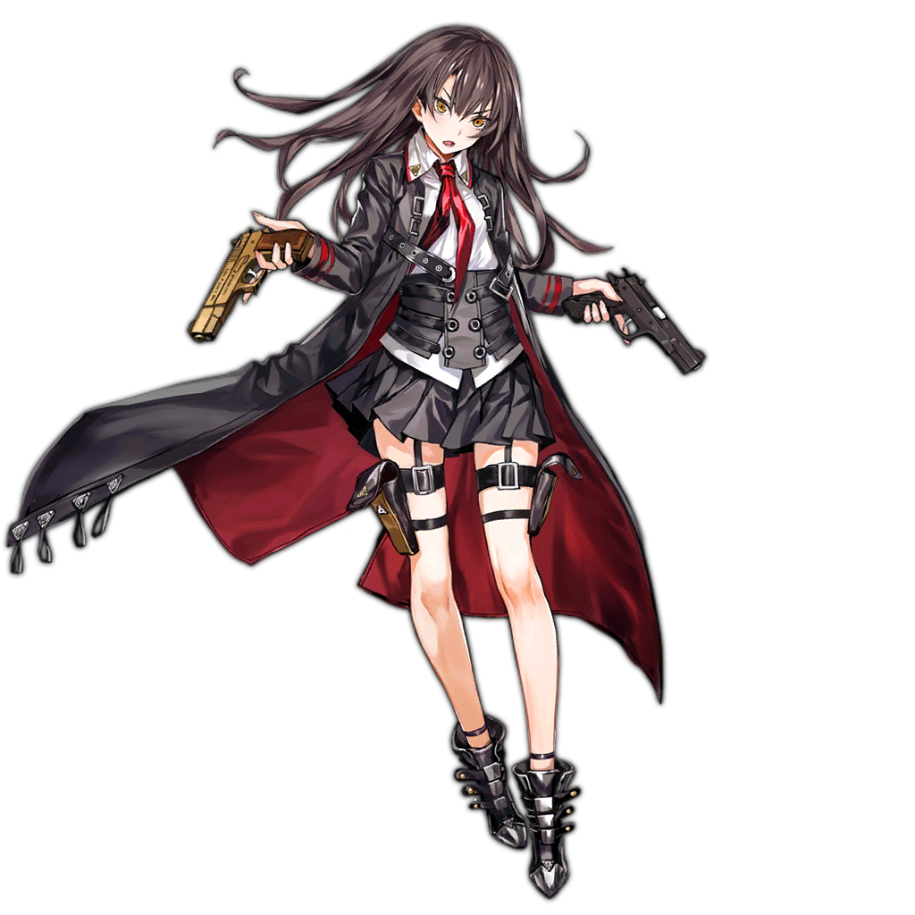 1girl, artist_request, black_hair, brown_eyes, dual_wielding, full_body, girls_frontline, gun, handgun, holding, holding_weapon, holster, long_hair, looking_at_viewer, necktie, nz_75, nz_75_(girls_frontline), official_art, pistol, skirt, solo, thigh_holster, thigh_strap, transparent_background, trench_coat, trigger_discipline, weapon