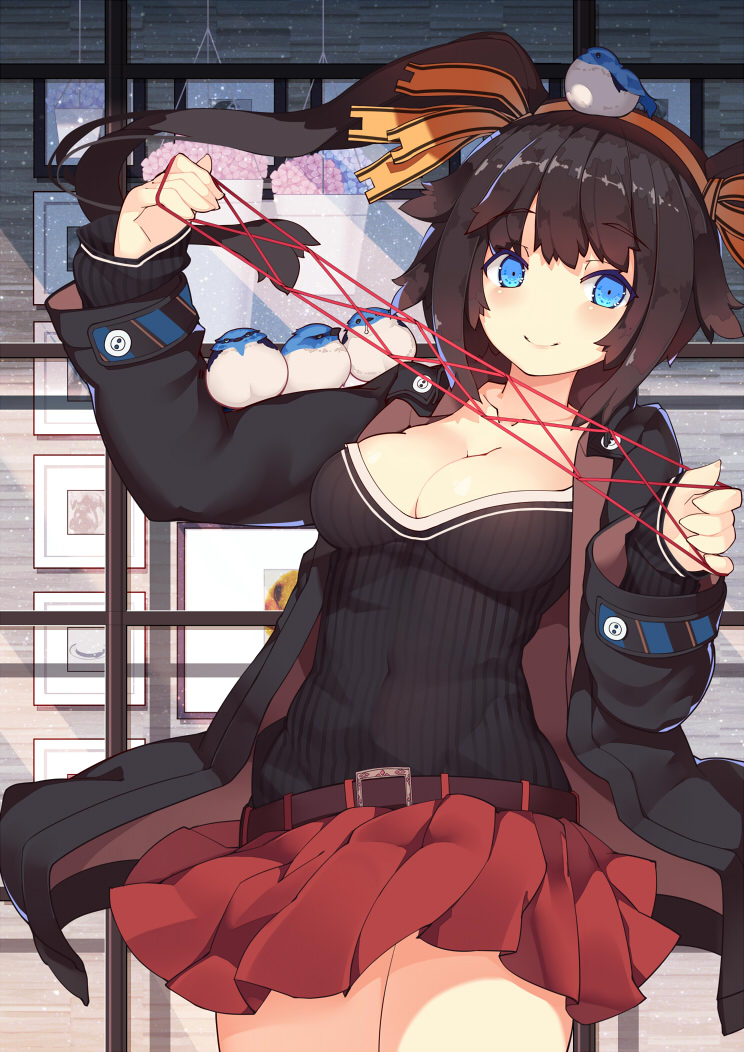 1girl, animal, animal_on_head, bangs, belt, bird, bird_on_arm, bird_on_head, black_hair, black_jacket, breasts, cat's_cradle, character_request, cleavage, collarbone, cowboy_shot, eyebrows_visible_through_hair, floating_hair, hair_flaps, hair_ribbon, jacket, large_breasts, looking_at_viewer, orange_ribbon, photo_(object), picture_(object), pleated_skirt, rain_lan, red_skirt, ribbon, skirt, smile, solo, standing, twintails, window, zhanchang_shuang_mawei