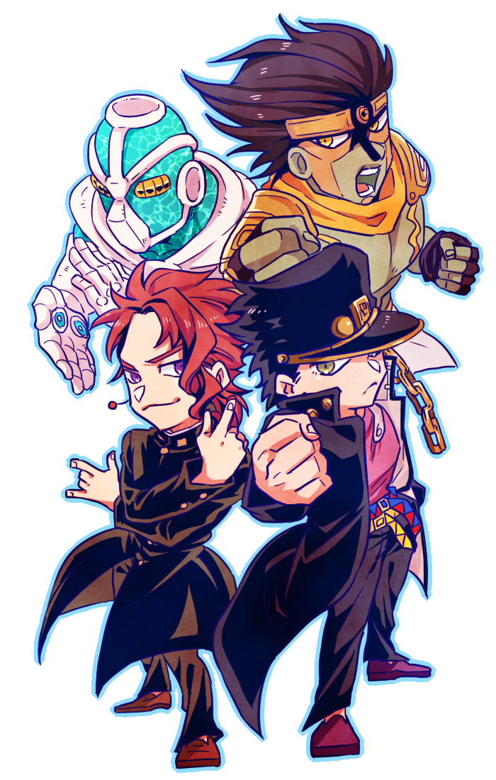 2boys, chains, clenched_hand, earrings, foreshortening, frown, gakuran, hand_in_pocket, hat, hierophant_green, imaru_(yashiro19950425), jewelry, jojo_no_kimyou_na_bouken, jojo_pose, kakyouin_noriaki, kuujou_joutarou, male_focus, multiple_boys, outline, pose, school_uniform, serious, smirk, stand_(jojo), star_platinum