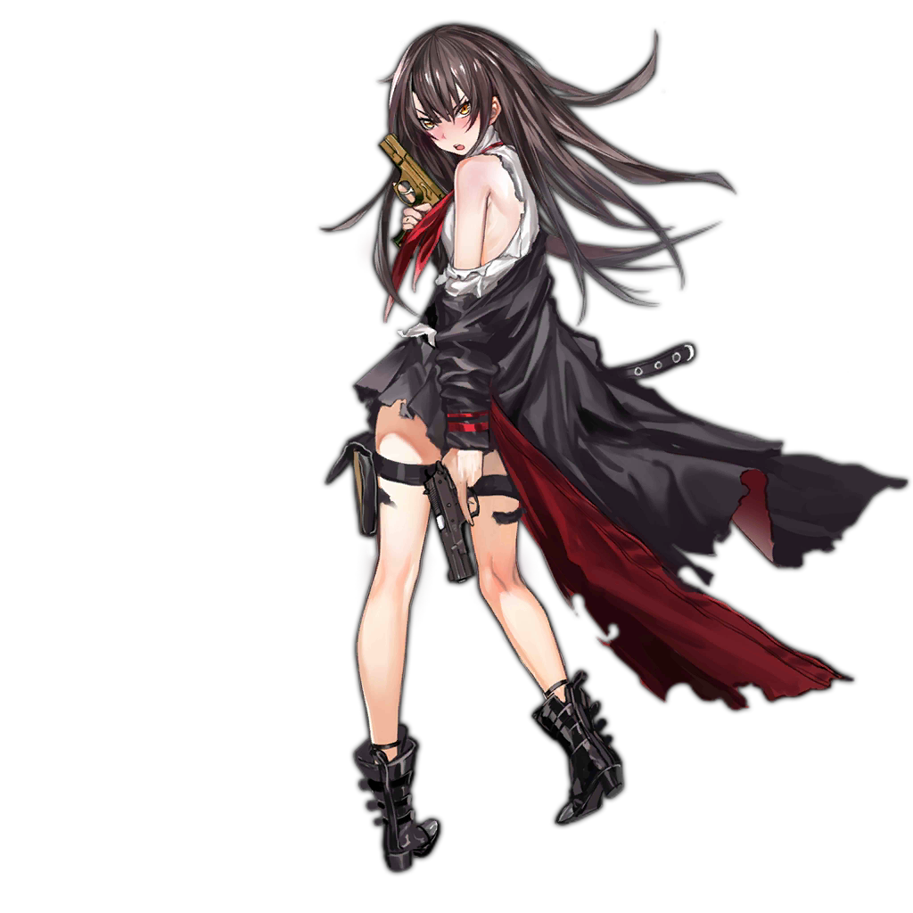 1girl, artist_request, black_hair, blush, brown_eyes, dual_wielding, full_body, girls_frontline