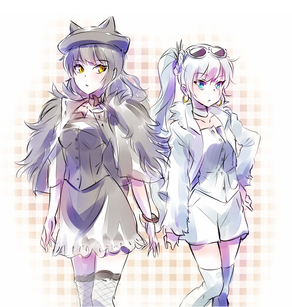 2girls, animal_hat, black_hair, blake_belladonna, blue_eyes, bracelet, cat_hat, commentary