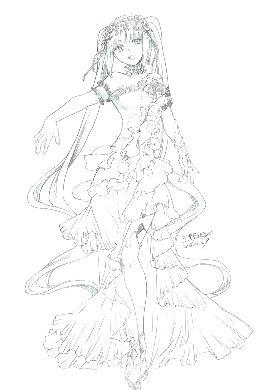 1girl, arm_garter, dress, fate/grand_order, fate/hollow_ataraxia, fate_(series), female, flower, frilled_dress, frills, full_body, hairband, highres, kotoraya, long_hair, monochrome, open_mouth, plant, ribbon_trim, signature, smile, solo, stheno, traditional_media, twintails, white_background