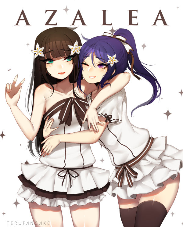 2girls, aqua_eyes, arm_over_head, artist_name, bangs, bare_arms, bare_shoulders, blunt_bang, blush, brown_hair, brown_legwear, brown_ribbon, collarbone, cowboy_shot, dress, eyebrows_visible_through_hair, flower, hair_between_eyes, hair_flower, hair_ornament, kurosawa_dia, long_hair, love_live!, love_live!_sunshine!!, matsuura_kanan, multiple_girls, open_mouth, parted_bangs, purple_hair, ribbon, short_sleeves, sidelocks, simple_background, sparkle, strapless, strapless_dress, teru_(renkyu), thigh-highs, v, violet_eyes, white_background, white_dress