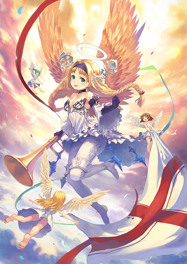 4girls, angel, bangs, bare_shoulders, black_gloves, boots, braid, breasts