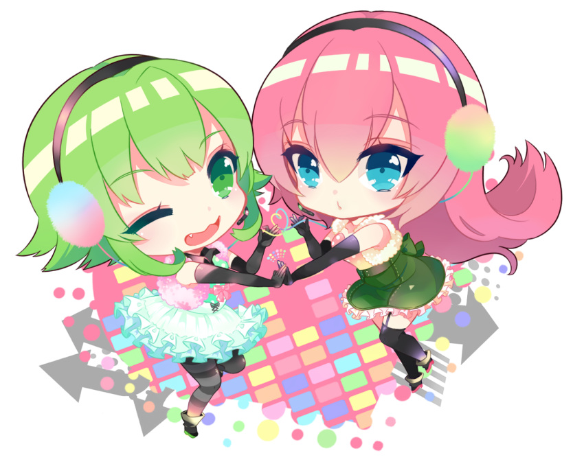 2girls, blue_eyes, chibi, dress, earmuffs, eyebrows_visible_through_hair, eyelashes, frilled_dress, frilled_skirt, frills, green_eyes, green_hair, gumi, happy_synthesizer_(vocaloid), heart, heart_of_string, long_hair, megurine_luka, mouthpiece, multiple_girls, nijita18, one_eye_closed, pink_hair, pouty_lips, short_hair, simple_background, skirt, smile, very_long_hair, vocaloid
