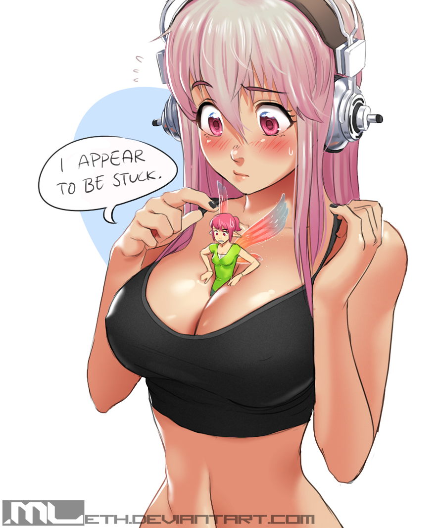 2girls, between_breasts, black_nails, blush, breasts, cleavage, crop_top, crossover, erylia_(mleth), eyebrows_visible_through_hair, fairy, fairy_wings, headphones, large_breasts, long_hair, minigirl, mleth, multiple_girls, nail_polish, nitroplus, original, pink_hair, pointy_ears, stomach, stuck, super_sonico, sweatdrop, wings