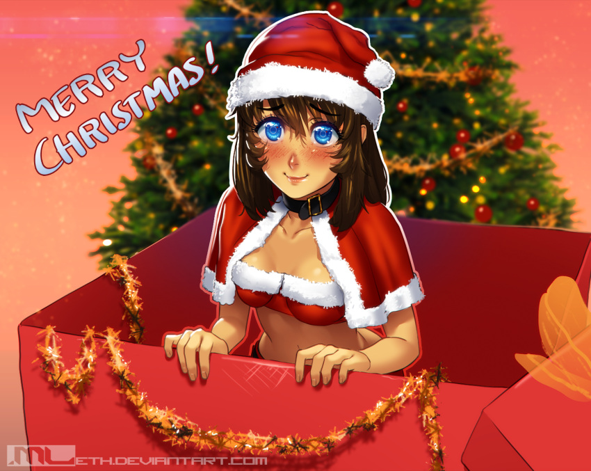 1girl, bandeau, blue_eyes, blush, box, breasts, brooke_(mleth), brown_hair