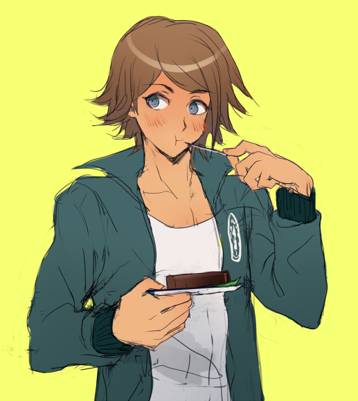 1boy, asahina_yuuta, blue_eyes, brown_hair, dangan_ronpa, eating, jacket, male_focus