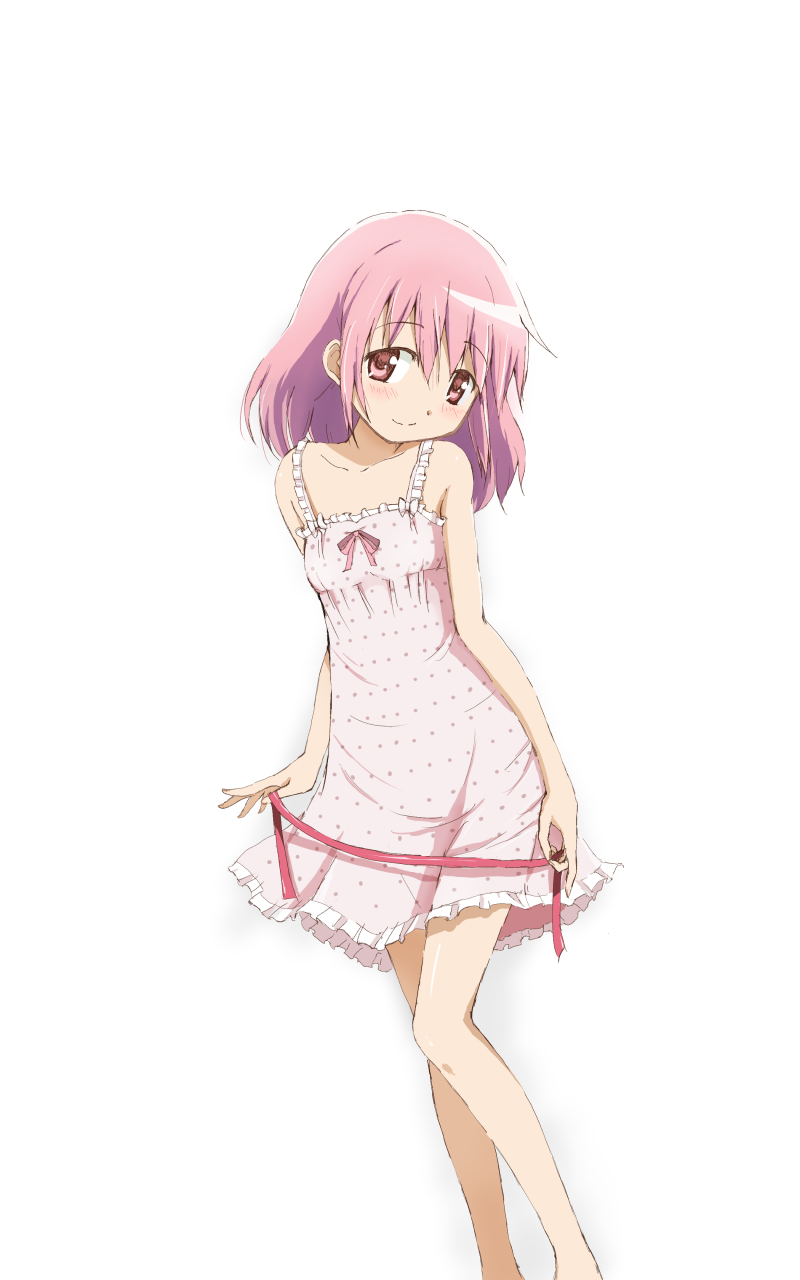 1girl, arms_at_sides, bare_legs, blush, frills, hair_down, hair_ribbon, highres, holding_ribbon, kaname_madoka, kinfuji, looking_at_viewer, mahou_shoujo_madoka_magica, nightgown, pajamas, pink_eyes, pink_hair, pink_ribbon, ribbon, ribbon_removed, simple_background, smile, solo, white_background
