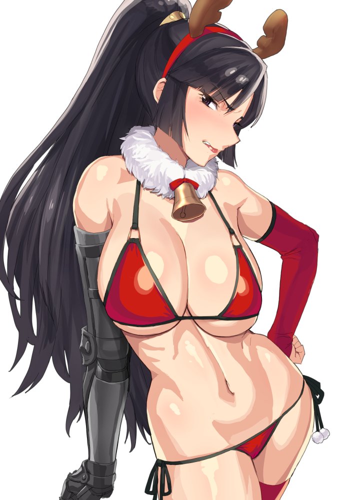 1girl, antlers, bell, bell_collar, bikini, biting, black_hair, blush