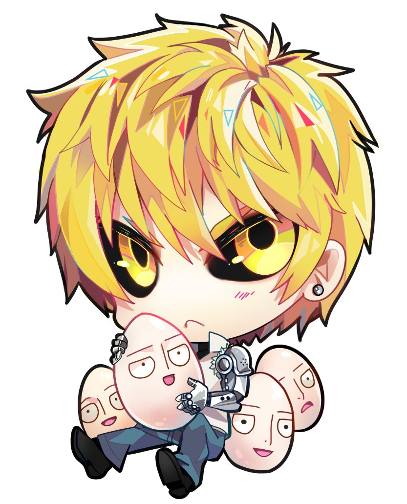 2boys, bald, black_sclera, blonde_hair, chibi, cyborg, genos, male_focus