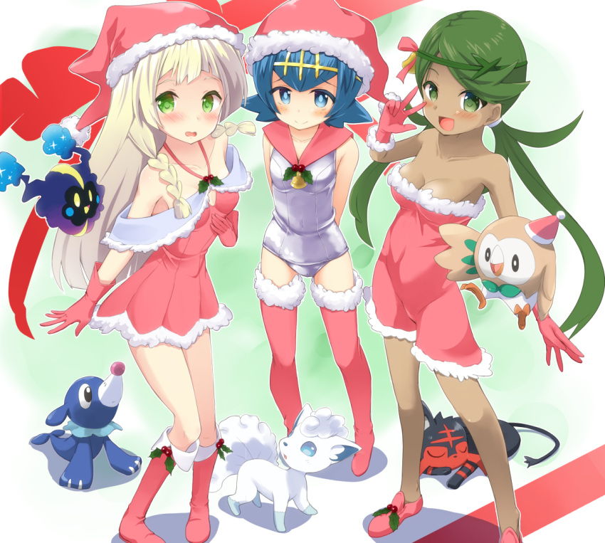 3girls, alola_form, alolan_vulpix, arms_behind_back, bell, blonde_hair, blue_eyes, blue_hair